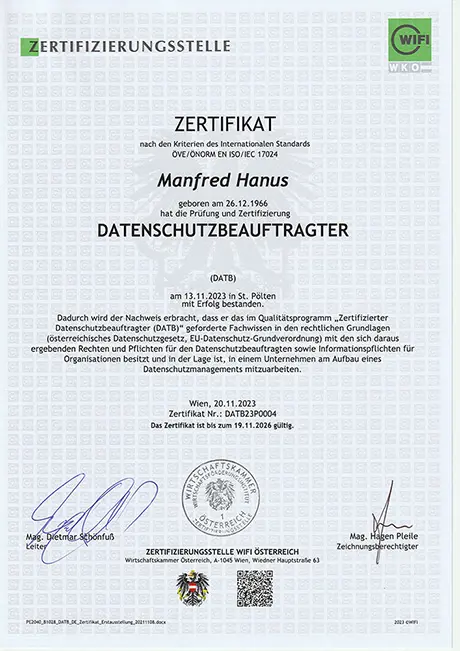 Manfred Hanus | MKP Zertifikat Datenschutzbeauftragter
